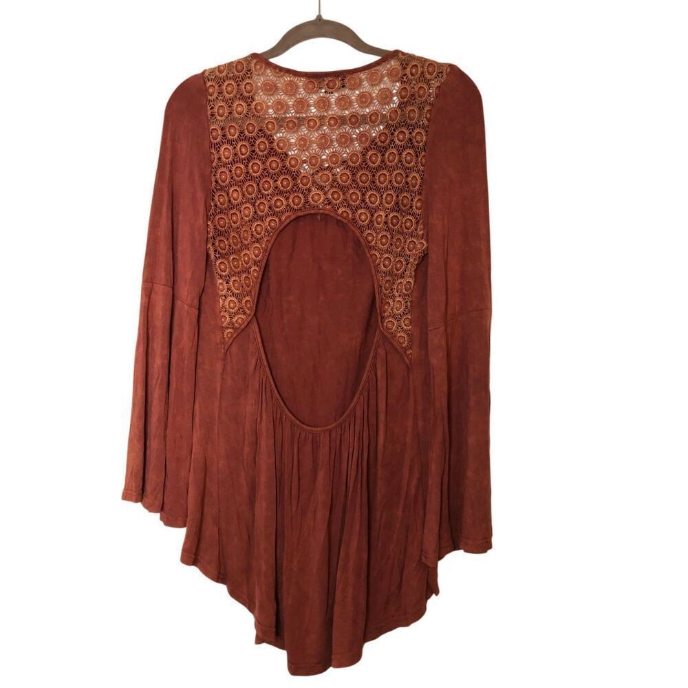 POL Boho Crochet open back long bell sleeve tunic sz Small festival fairy